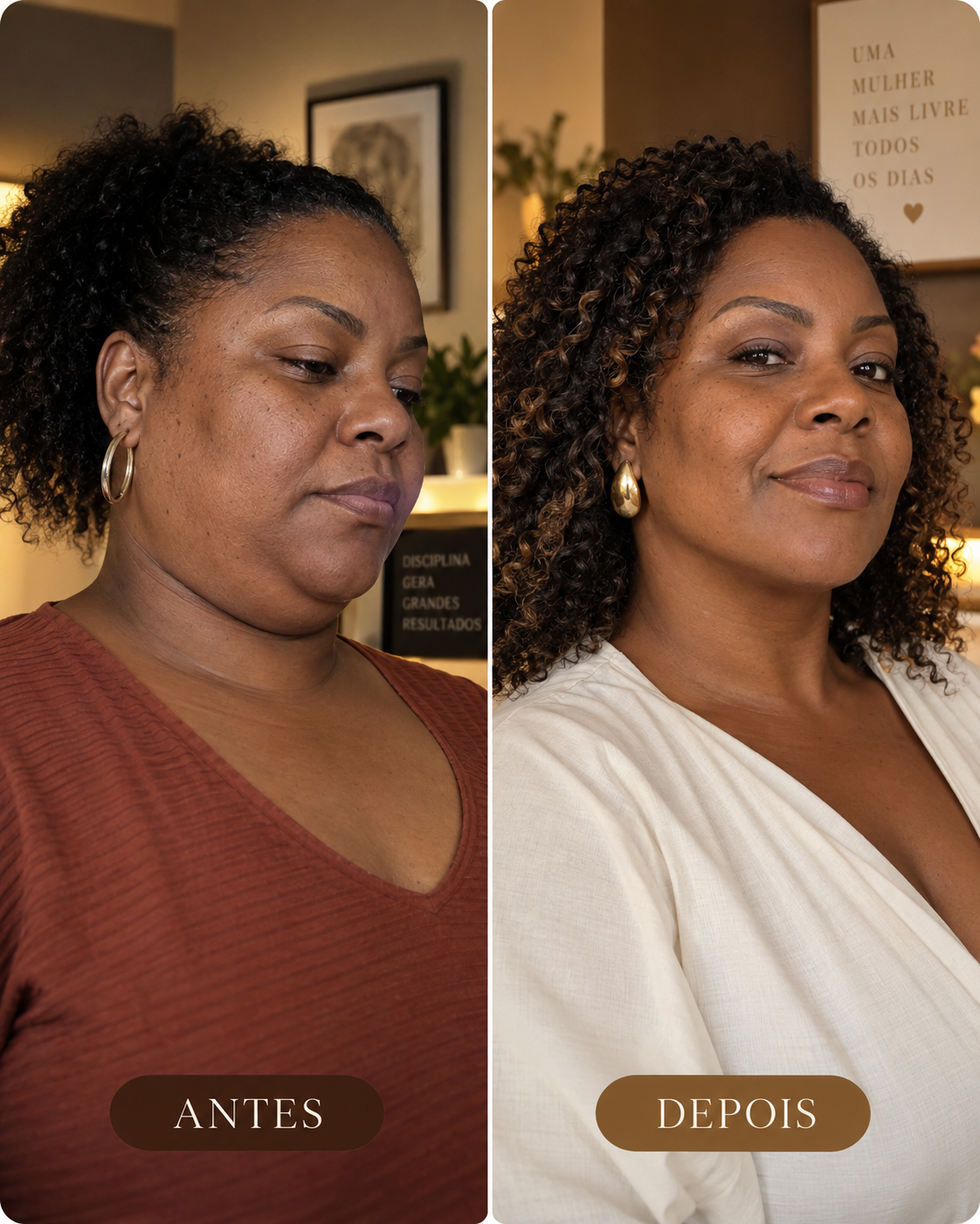 Exemplo ilustrativo de antes e depois do cuidado com o contorno facial