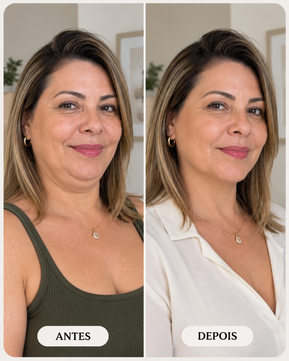 Exemplo ilustrativo de antes e depois do cuidado com o contorno facial